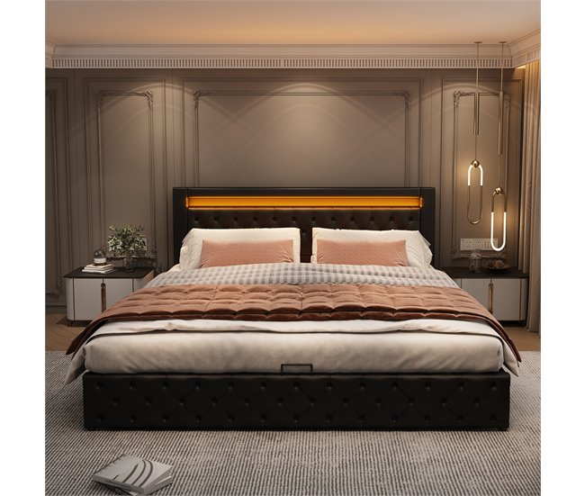 Conforama Cama Contenedor Tapizada De Piel Sintética Con LED - 180x200 Cm - Con Somier - Negro