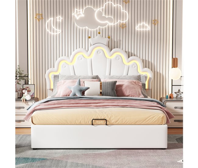 Conforama Cama Contenedor Tapizada En Piel Sintética 140x200 Cm - Cama Princesa Con LED Y Molduras De Techo - Blanco