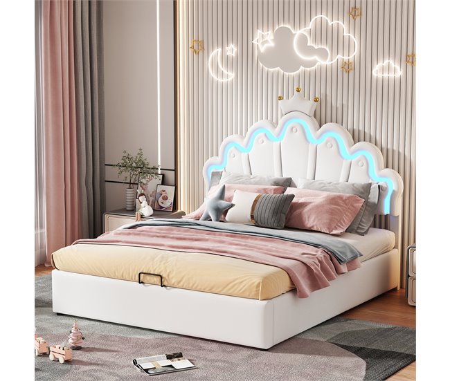 Conforama Cama Contenedor Tapizada En Piel Sintética 140x200 Cm - Cama Princesa Con LED Y Molduras De Techo - Blanco