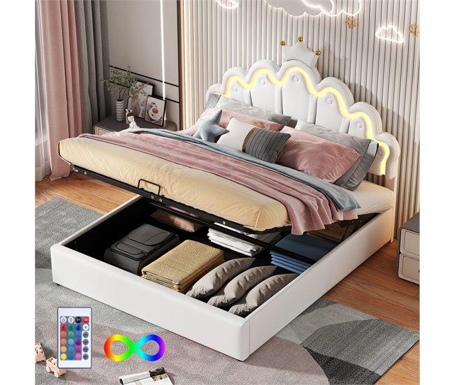 Conforama Cama Contenedor Tapizada En Piel Sintética 140x200 Cm - Cama Princesa Con LED Y Molduras De Techo - Blanco