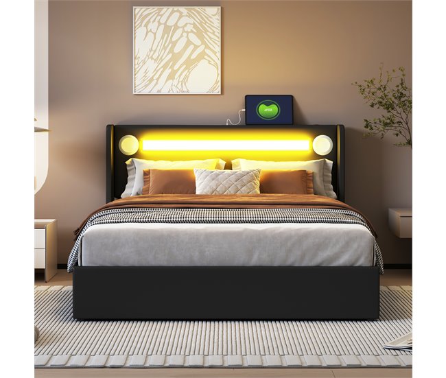Conforama Cama Contenedor Tapizada En Piel Sintética 140x200 Cm Con LED Reproductor Bluetooth Y Puertos De Carga USB - Con Somier - Negro