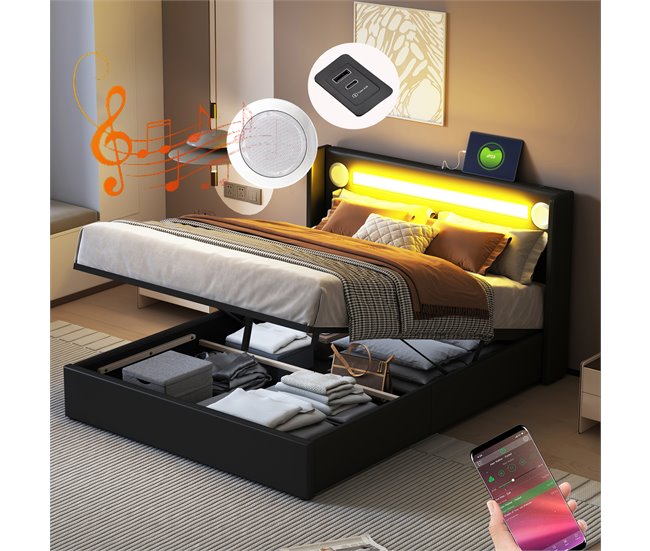 Conforama Cama Contenedor Tapizada En Piel Sintética 140x200 Cm Con LED Reproductor Bluetooth Y Puertos De Carga USB - Con Somier - Negro