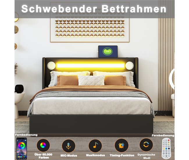 Conforama Cama Contenedor Tapizada En Piel Sintética 140x200 Cm Con LED Reproductor Bluetooth Y Puertos De Carga USB - Con Somier - Negro