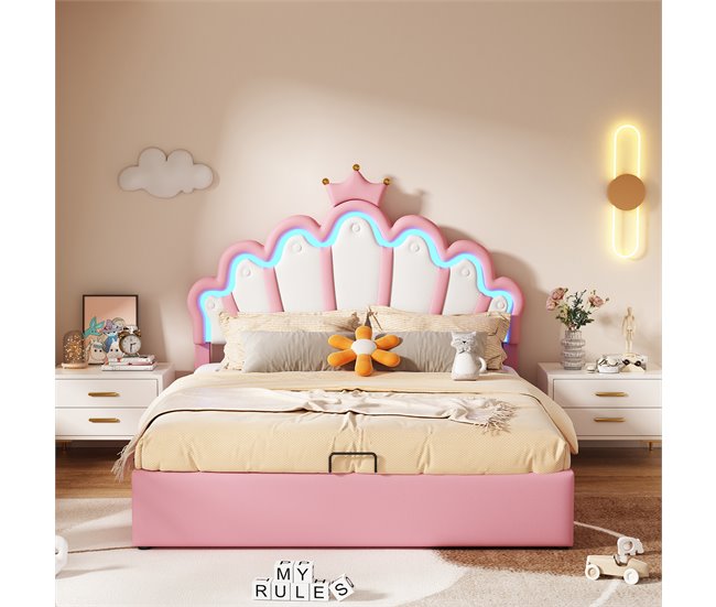 Conforama Cama Contenedor Tapizada En Piel Sintética 140x200 Cm - Cama Princesa Con LED Y Molduras De Techo - Rosa