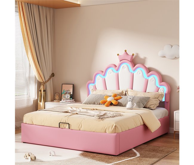 Conforama Cama Contenedor Tapizada En Piel Sintética 140x200 Cm - Cama Princesa Con LED Y Molduras De Techo - Rosa