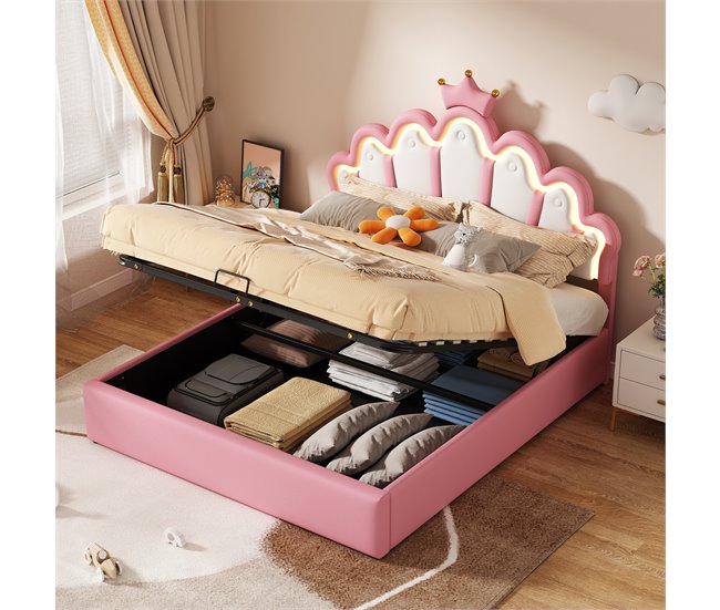 Conforama Cama Contenedor Tapizada En Piel Sintética 140x200 Cm - Cama Princesa Con LED Y Molduras De Techo - Rosa