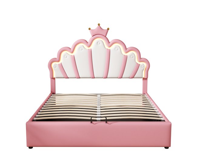 Conforama Cama contenedor tapizada en piel sintética 140x200 cm - cama princesa con LED y molduras de techo - Rosa