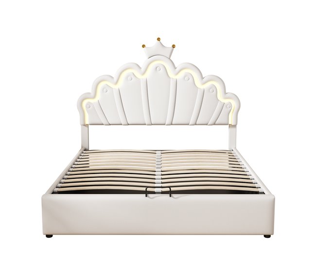 Conforama Cama contenedor tapizada en piel sintética 140x200 cm - cama princesa con LED y molduras de techo - Blanco