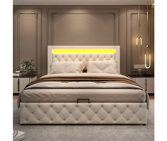 Conforama Cama Contenedor Tapizada En Símil Piel Con LED - 140x200cm - Con Somier De Láminas - Blanco