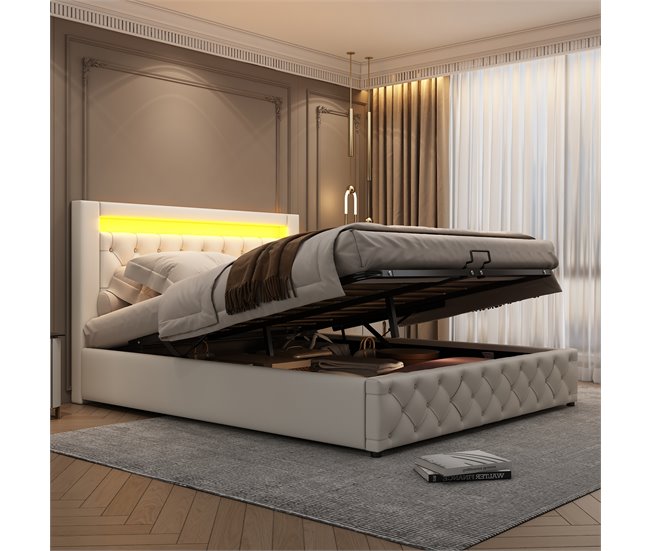 Conforama Cama Contenedor Tapizada En Símil Piel Con LED - 140x200cm - Con Somier De Láminas - Blanco