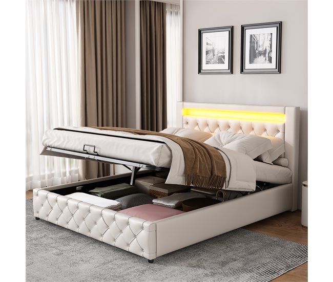 Conforama Cama Contenedor Tapizada En Símil Piel Con LED - 140x200cm - Con Somier De Láminas - Blanco