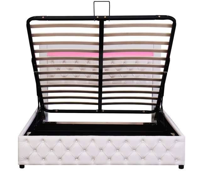 Conforama Cama contenedor tapizada en símil piel con LED - 140x200cm - con somier de láminas - Blanco