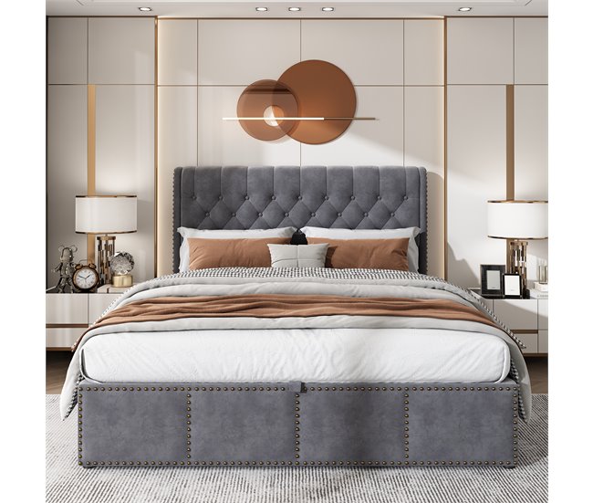 Conforama Cama Contenedor Tapizada En Terciopelo - Decorada Con Remaches - Con Somier De Láminas - 140x200cm - Gris