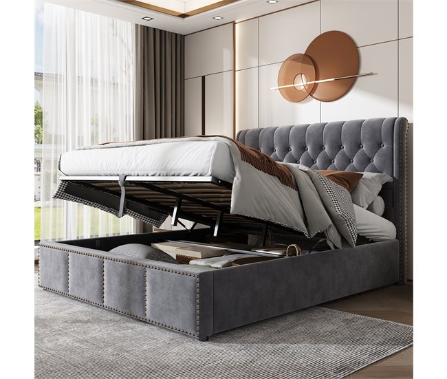 Conforama Cama Contenedor Tapizada En Terciopelo - Decorada Con Remaches - Con Somier De Láminas - 140x200cm - Gris