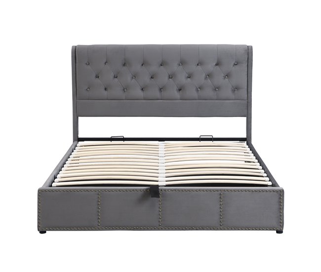 Conforama Cama contenedor tapizada en terciopelo - decorada con remaches - con somier de láminas - 140x200cm - Gris