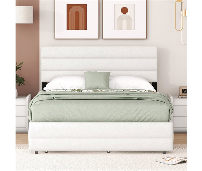 Conforama Cama De Adulto 140x200 Cm En Tejido De Lino - Con Cama Nido 90x190 Cm Y 2 Cajones - Cabecero Regulable - Blanco