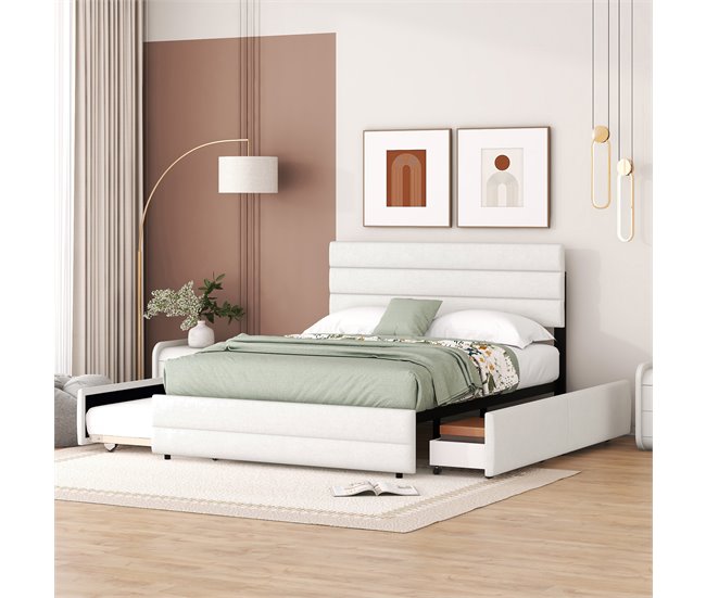 Conforama Cama De Adulto 140x200 Cm En Tejido De Lino - Con Cama Nido 90x190 Cm Y 2 Cajones - Cabecero Regulable - Blanco