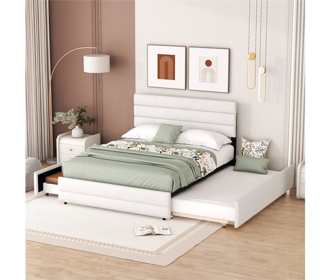 Conforama Cama De Adulto 140x200 Cm En Tejido De Lino - Con Cama Nido 90x190 Cm Y 2 Cajones - Cabecero Regulable - Blanco