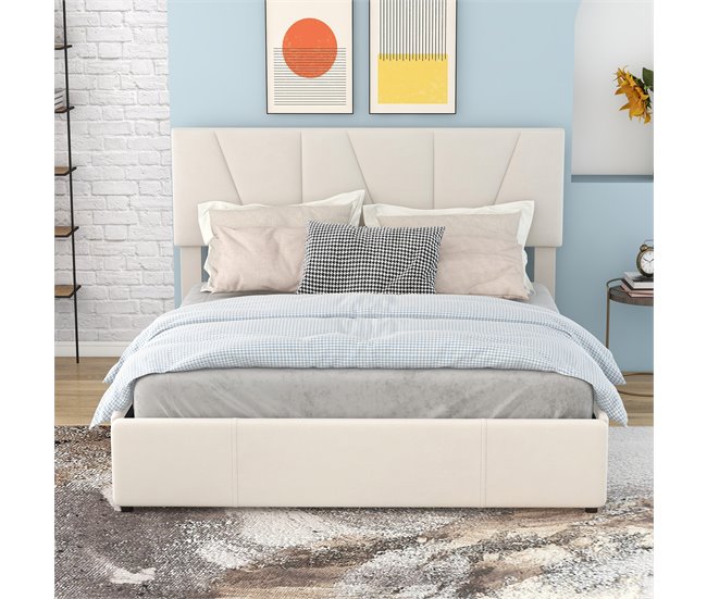 Conforama Cama De Adulto Acolchada De Terciopelo 140x200 Cm - Con 4 Cajones Y Cabecero Ajustable - Beige
