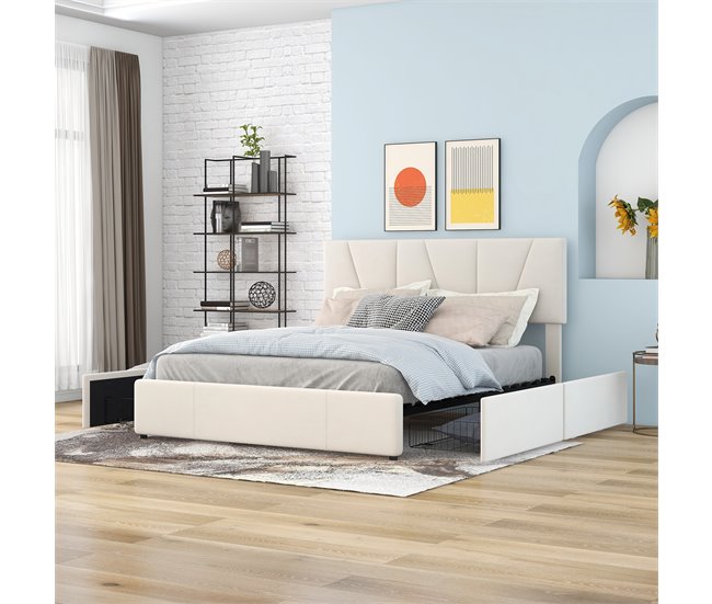 Conforama Cama De Adulto Acolchada De Terciopelo 140x200 Cm - Con 4 Cajones Y Cabecero Ajustable - Beige