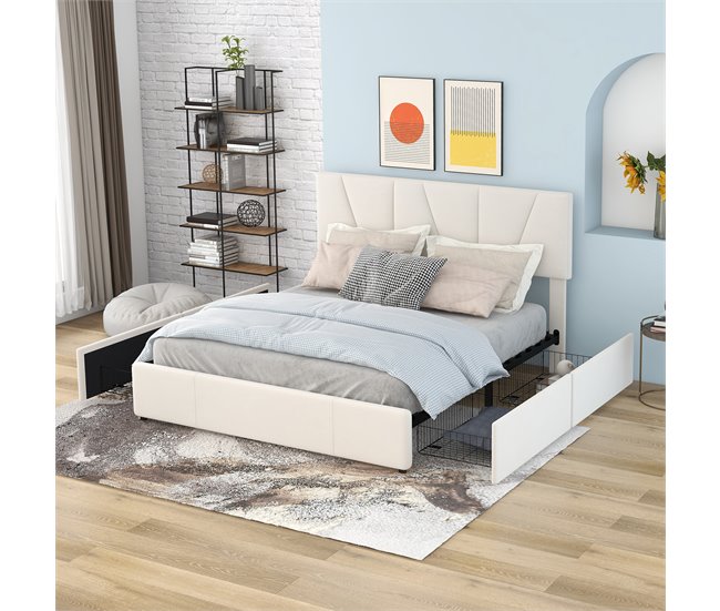 Conforama Cama De Adulto Acolchada De Terciopelo 140x200 Cm - Con 4 Cajones Y Cabecero Ajustable - Beige