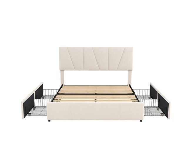 Conforama Cama de adulto acolchada de terciopelo 140x200 cm - con 4 cajones y cabecero ajustable - Beige