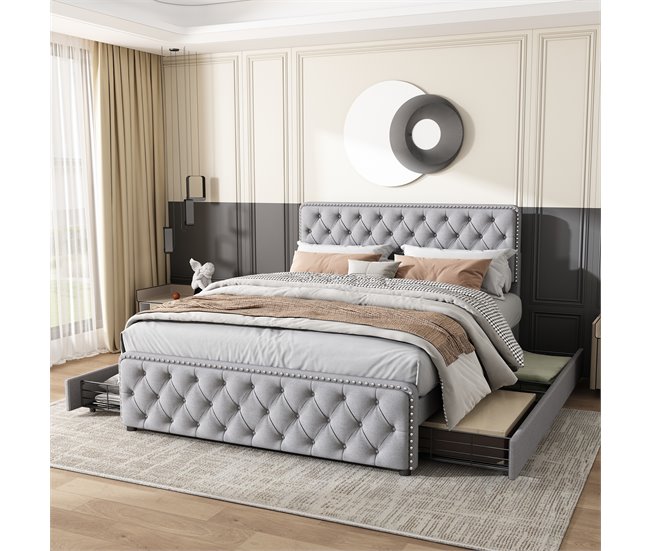 Conforama Cama De Adulto Tapizada 140x190 Cm Con 4 Cajones - Tejido De Lino - Con Cabecero Regulable Y Somier De Láminas - Gris