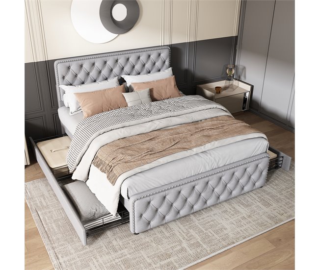 Conforama Cama De Adulto Tapizada 140x190 Cm Con 4 Cajones - Tejido De Lino - Con Cabecero Regulable Y Somier De Láminas - Gris