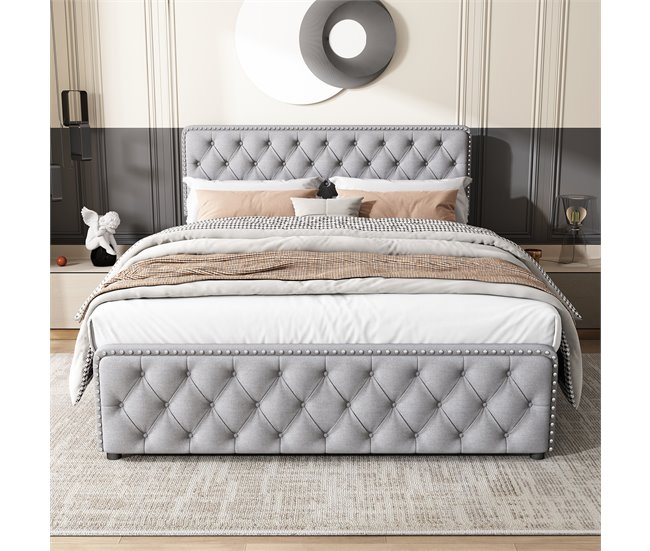 Conforama Cama De Adulto Tapizada 160x200 Cm Con 4 Cajones - Tejido De Lino - Con Cabecero Regulable Y Somier De Láminas - Gris