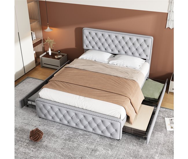 Conforama Cama De Adulto Tapizada 160x200 Cm Con 4 Cajones - Tejido De Lino - Con Cabecero Regulable Y Somier De Láminas - Gris
