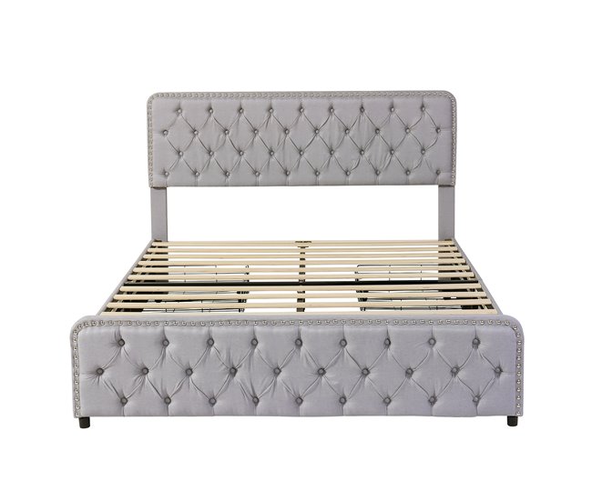 Conforama Cama de adulto tapizada 160x200 cm con 4 cajones - tejido de lino - con cabecero regulable y somier de láminas - Gris