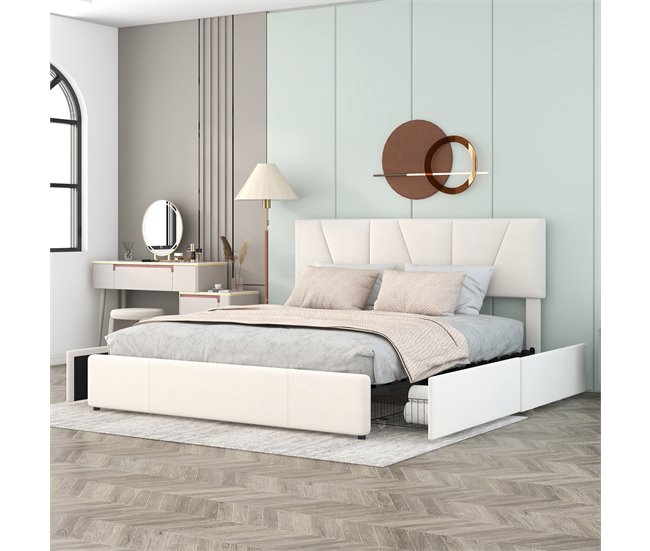 Conforama Cama De Adulto Tapizada 160x200cm En Terciopelo - Con 4 Cajones Y Cabecero Regulable - Beige