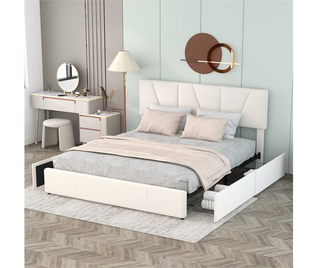 Conforama Cama De Adulto Tapizada 160x200cm En Terciopelo - Con 4 Cajones Y Cabecero Regulable - Beige