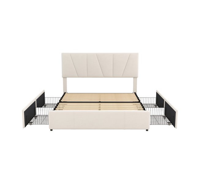 Conforama Cama de adulto tapizada 160x200cm en terciopelo - con 4 cajones y cabecero regulable - Beige
