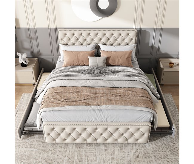 Conforama Cama De Adulto Tapizada 180x200 Cm Con 4 Cajones - Tejido De Lino - Con Cabecero Regulable Y Somier De Láminas - Beige