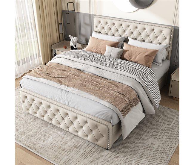 Conforama Cama De Adulto Tapizada 180x200 Cm Con 4 Cajones - Tejido De Lino - Con Cabecero Regulable Y Somier De Láminas - Beige
