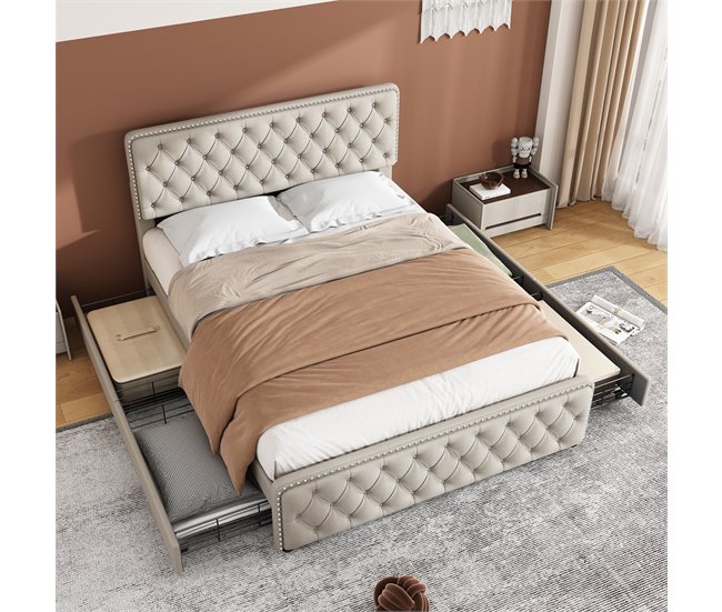 Conforama Cama De Adulto Tapizada 180x200 Cm Con 4 Cajones - Tejido De Lino - Con Cabecero Regulable Y Somier De Láminas - Beige
