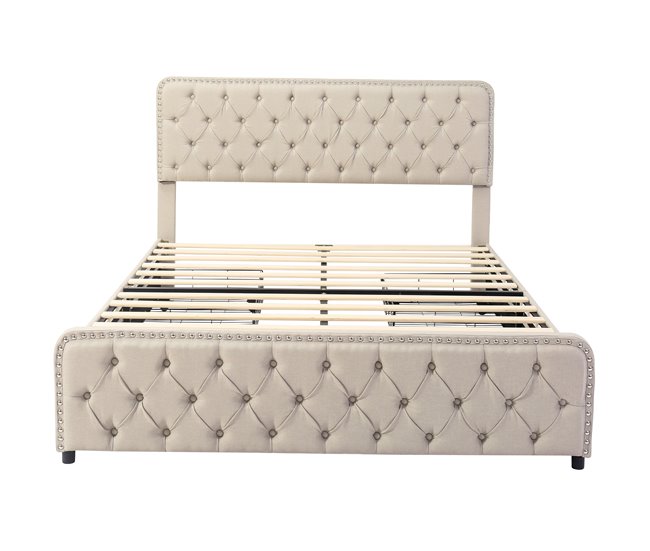 Conforama Cama de adulto tapizada 180x200 cm con 4 cajones - tejido de lino - con cabecero regulable y somier de láminas - Beige