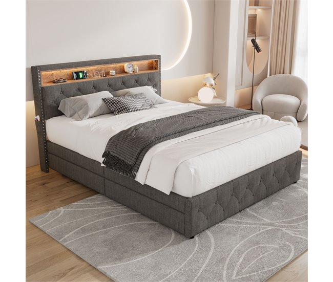 Conforama Cama De Adulto Tapizada Con 4 Cajones - 140x200 Cm - Con LED Y Puerto De Carga USB - 2 Bolsillos Laterales En El Cabecero - Tejido De Lino - Gris