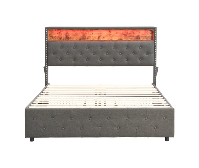 Conforama Cama de adulto tapizada con 4 cajones - 140x200 cm - con LED y puerto de carga USB - 2 bolsillos laterales en el cabecero - tejido de lino - Gris