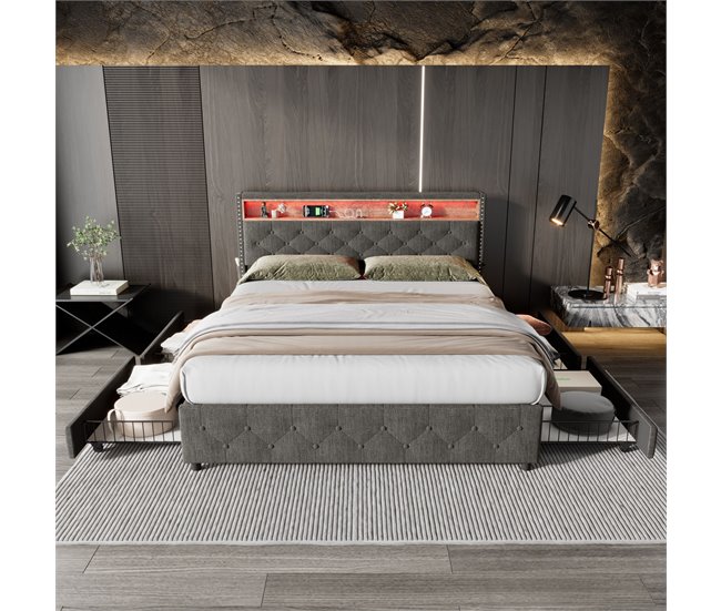 Conforama Cama De Adulto Tapizada Con 4 Cajones - 160x200 Cm - Con LED Y Puerto De Carga USB - 2 Bolsillos Laterales En El Cabecero - Tejido De Lino - Gris