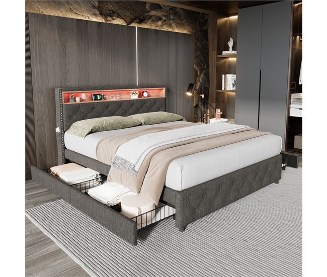 Conforama Cama De Adulto Tapizada Con 4 Cajones - 160x200 Cm - Con LED Y Puerto De Carga USB - 2 Bolsillos Laterales En El Cabecero - Tejido De Lino - Gris
