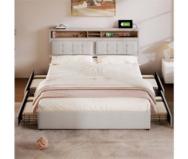 Conforama Cama De Adulto Tapizada Con 4 Cajones Y Puerto De Carga USB - 140x200cm - Tela De Lino - Beige