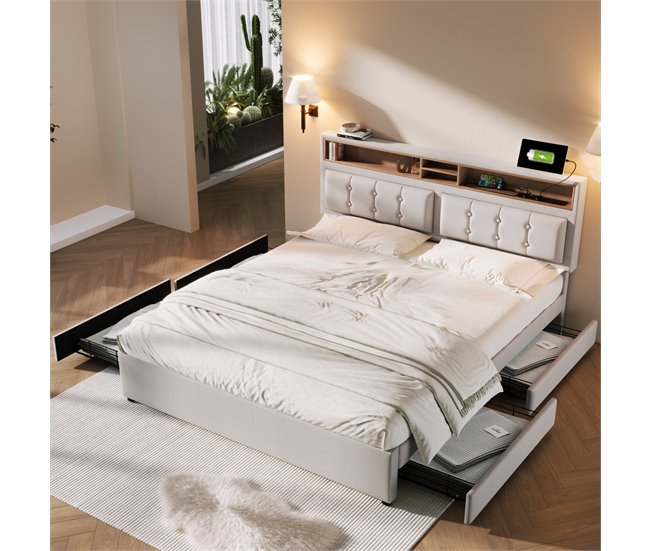 Conforama Cama De Adulto Tapizada Con 4 Cajones Y Puerto De Carga USB - 140x200cm - Tela De Lino - Beige