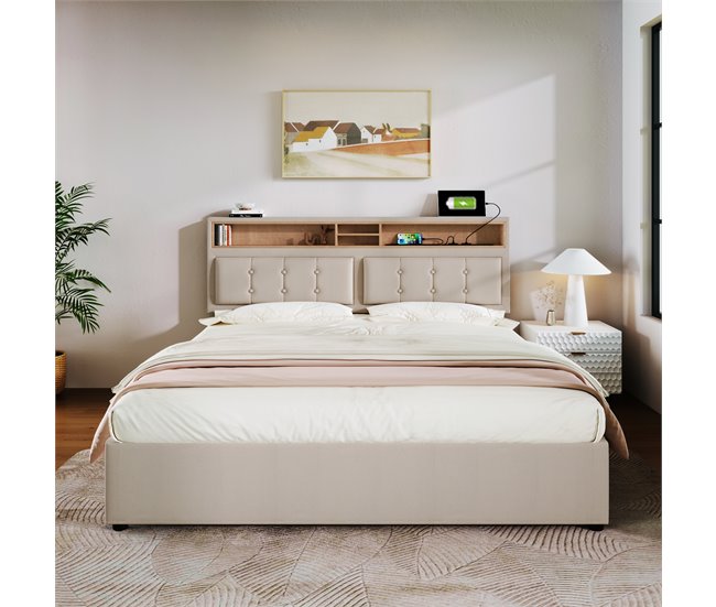 Conforama Cama De Adulto Tapizada Con 4 Cajones Y Puerto De Carga USB - 140x200cm - Tela De Lino - Beige