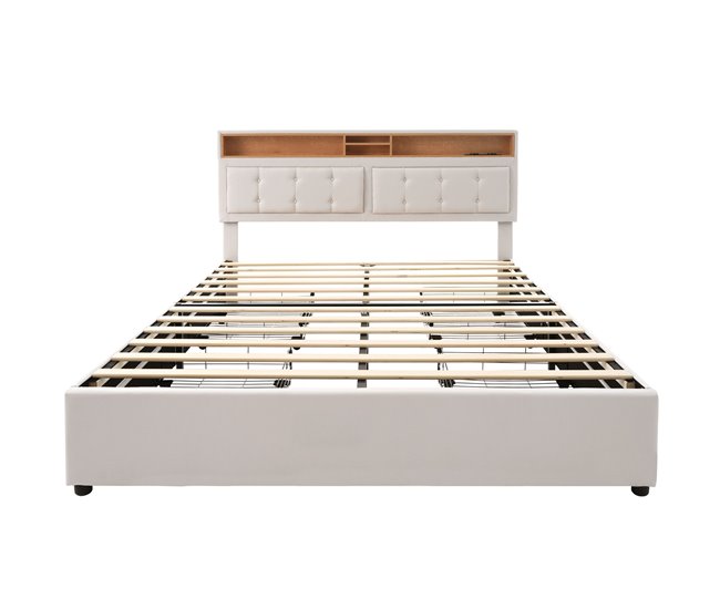 Conforama Cama de adulto tapizada con 4 cajones y puerto de carga USB - 140x200cm - Tela de Lino - Beige