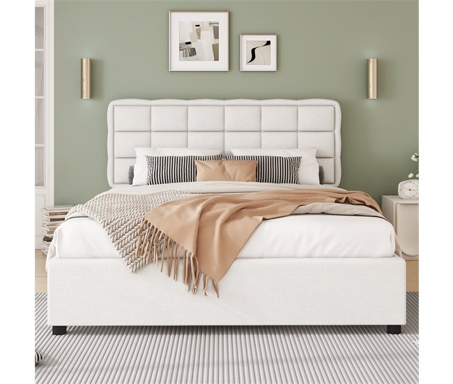 Conforama Cama De Adulto Tapizada En Lino 140x200cm - 4 Cajones - Con Somier - Beige