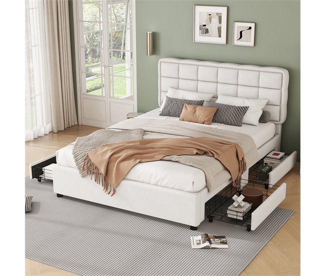 Conforama Cama De Adulto Tapizada En Lino 140x200cm - 4 Cajones - Con Somier - Beige