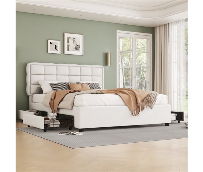Conforama Cama De Adulto Tapizada En Lino 140x200cm - 4 Cajones - Con Somier - Beige