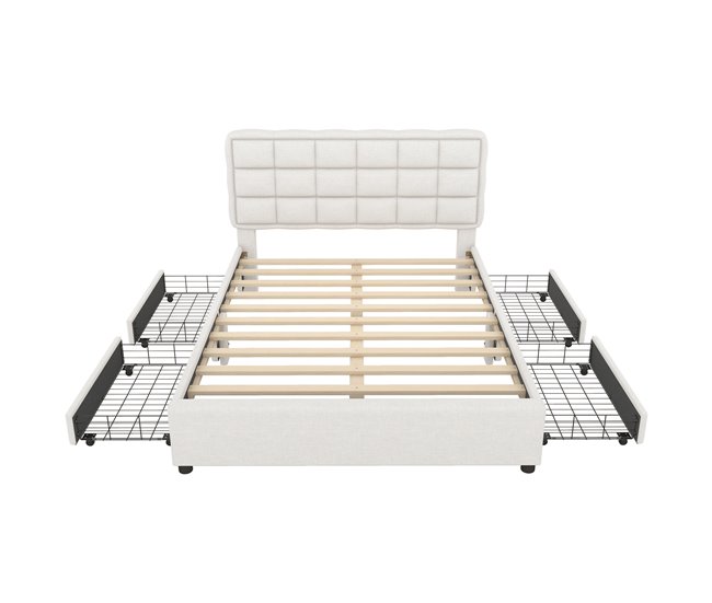 Conforama Cama de adulto tapizada en lino 140x200cm - 4 cajones - con somier - Beige